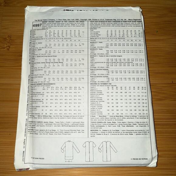 Vintage 1990 McCall's Womens pattern 4997  Size 14-18 uncut - Picture 3 of 5